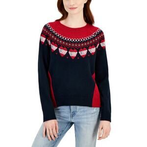 Tommy Hilfiger Women's Fair-Isle Crewneck Sweater Red Navy Hearts NWT Size XS